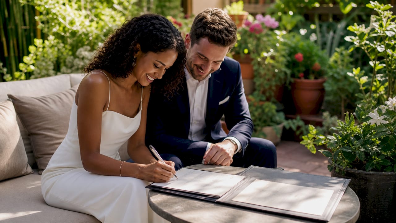 Couple signing express wedding documents in office