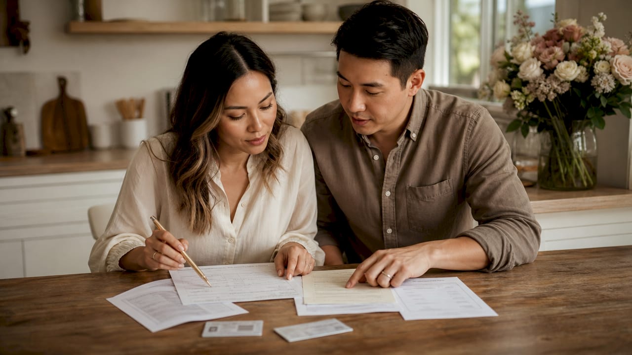 Hands reviewing wedding document checklist and IDs