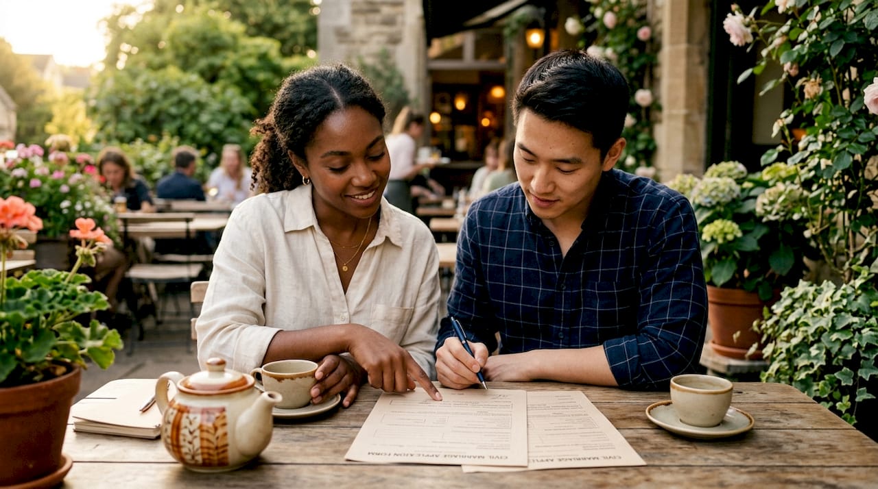 Couple reviewing UAE civil marriage application