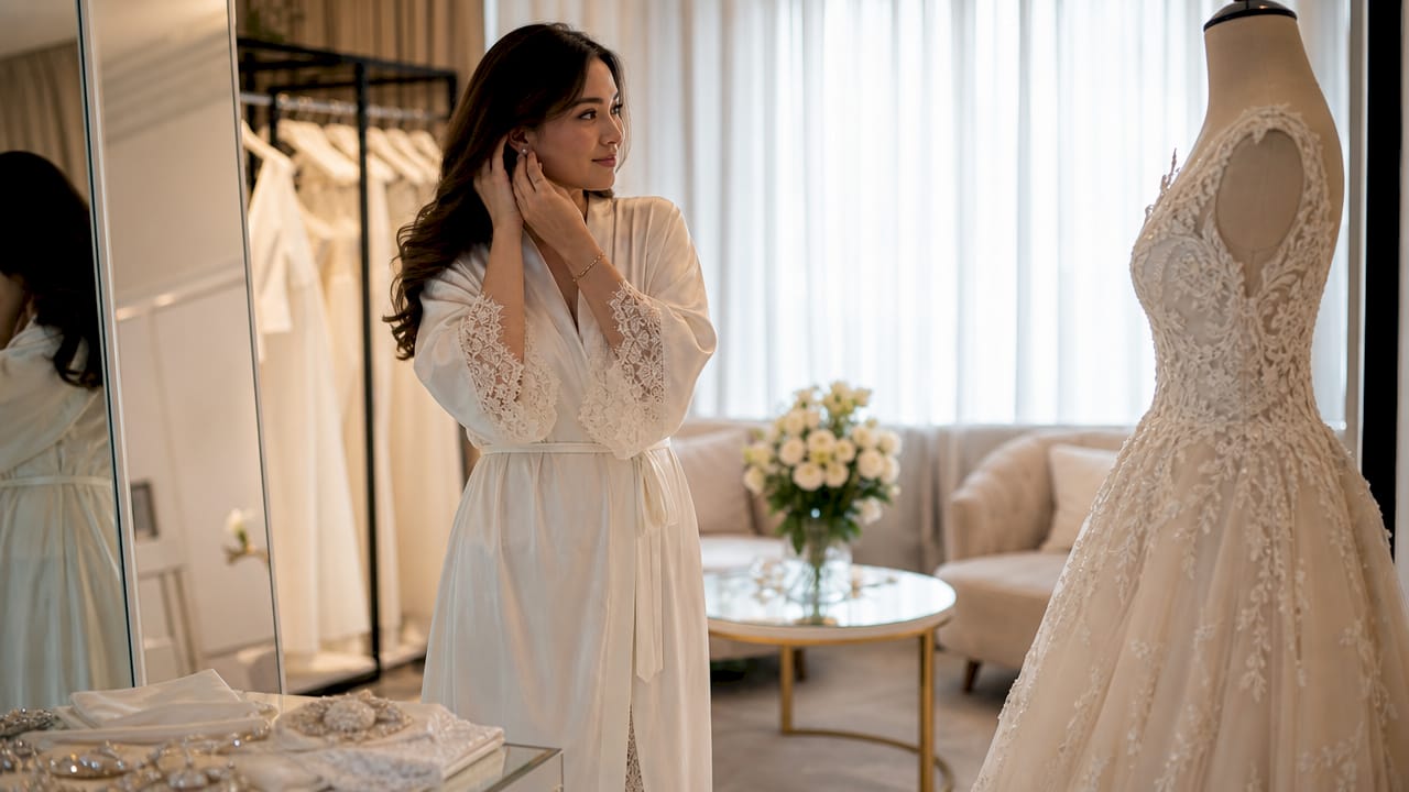 Bride preparing for dress fitting in boutique