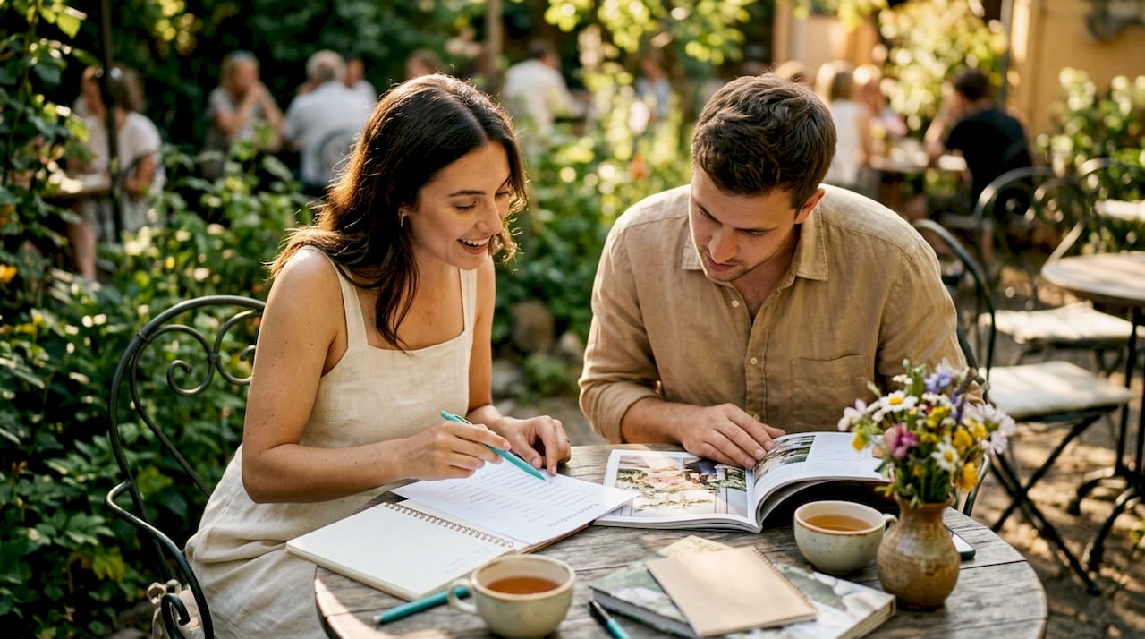 Couple reviewing wedding checklist at home