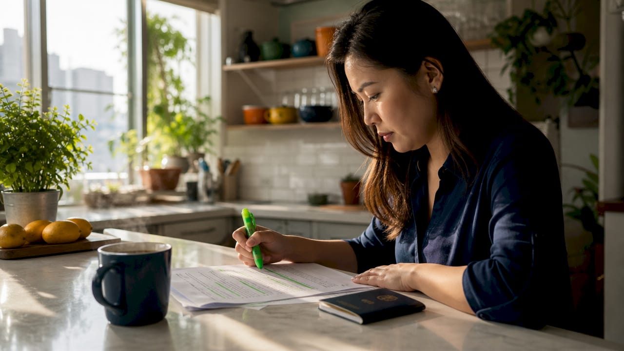 Filipino woman reviewing UAE Golden Visa documents at home