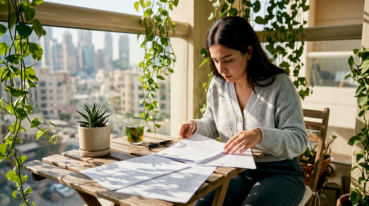 Woman reviewing marriage documents at home