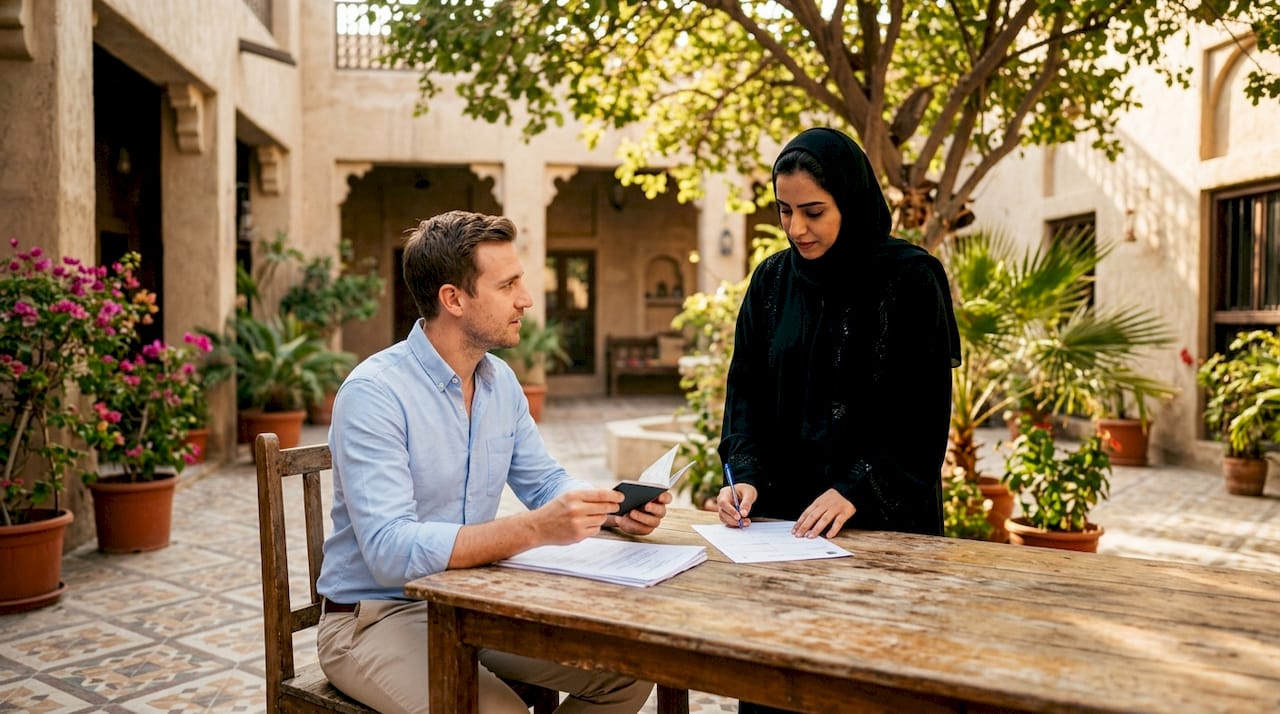 Expat discussing marriage requirements at UAE registry
