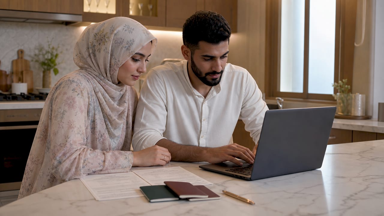 Couple preparing for online nikah ceremony at home