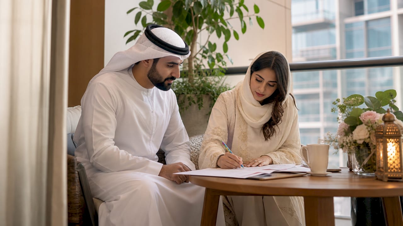 Couple reviewing wedding budget documents indoors