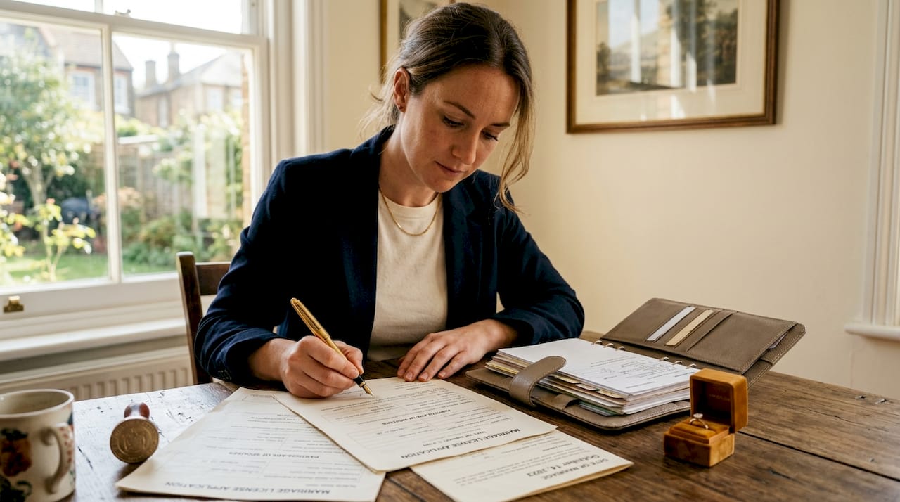 Legal documents and hands preparing marriage registration
