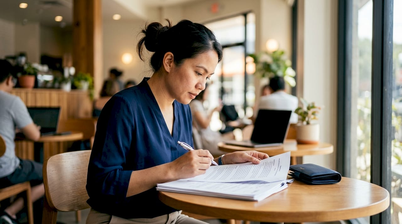 Woman reviewing apostille documents at desk