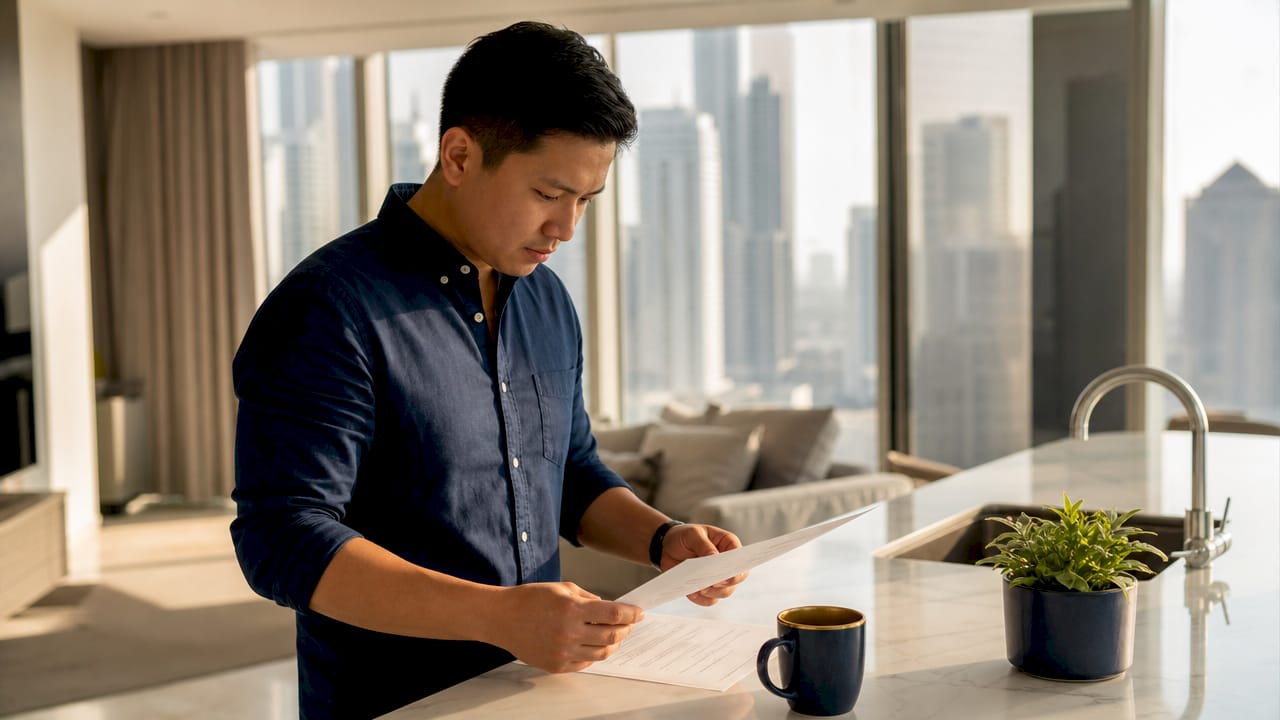 Expat reviewing power of attorney document at home