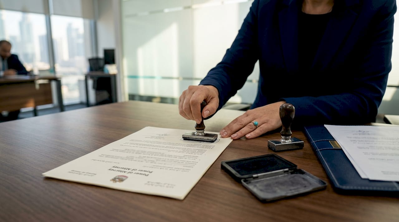 Hands stamping power of attorney document in office