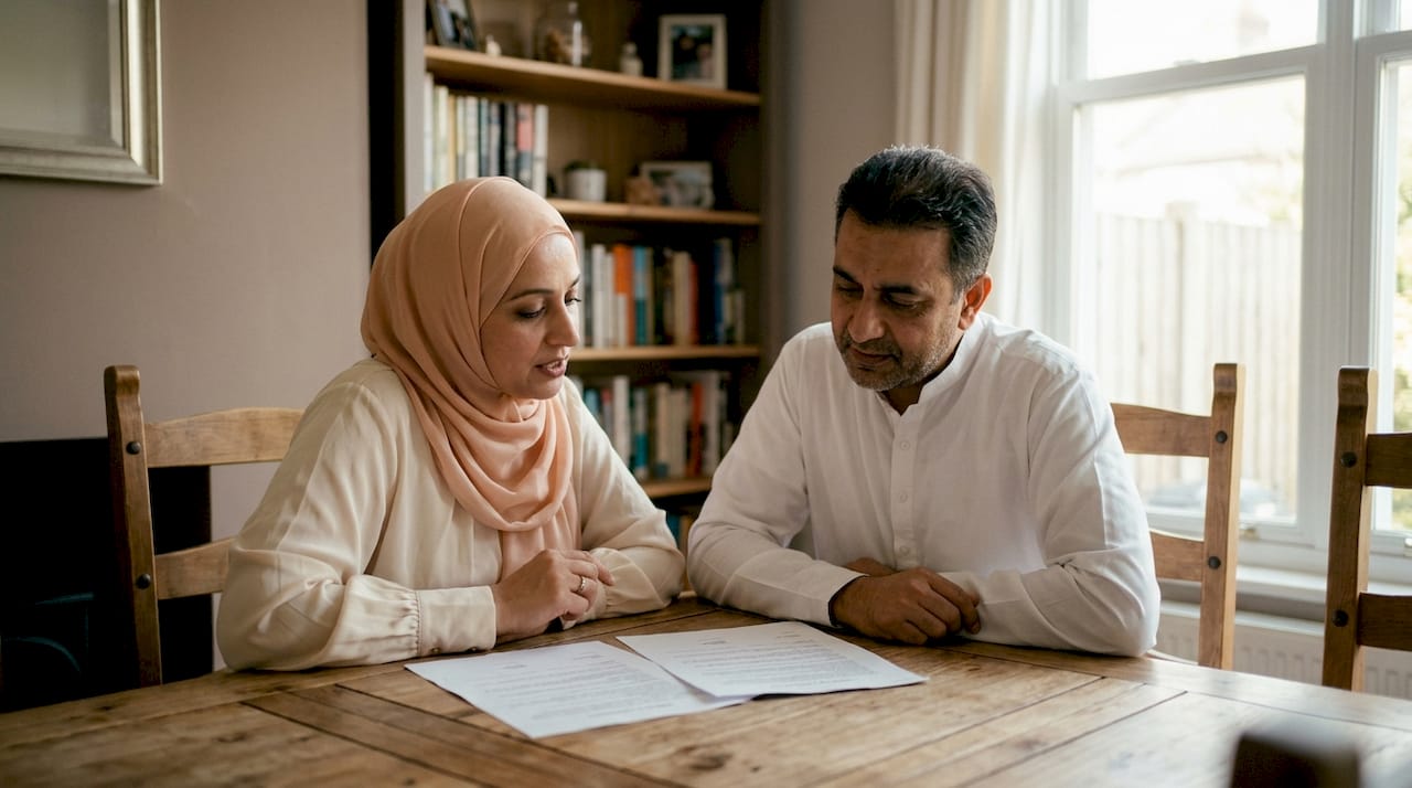 Muslim couple reviewing marriage contract