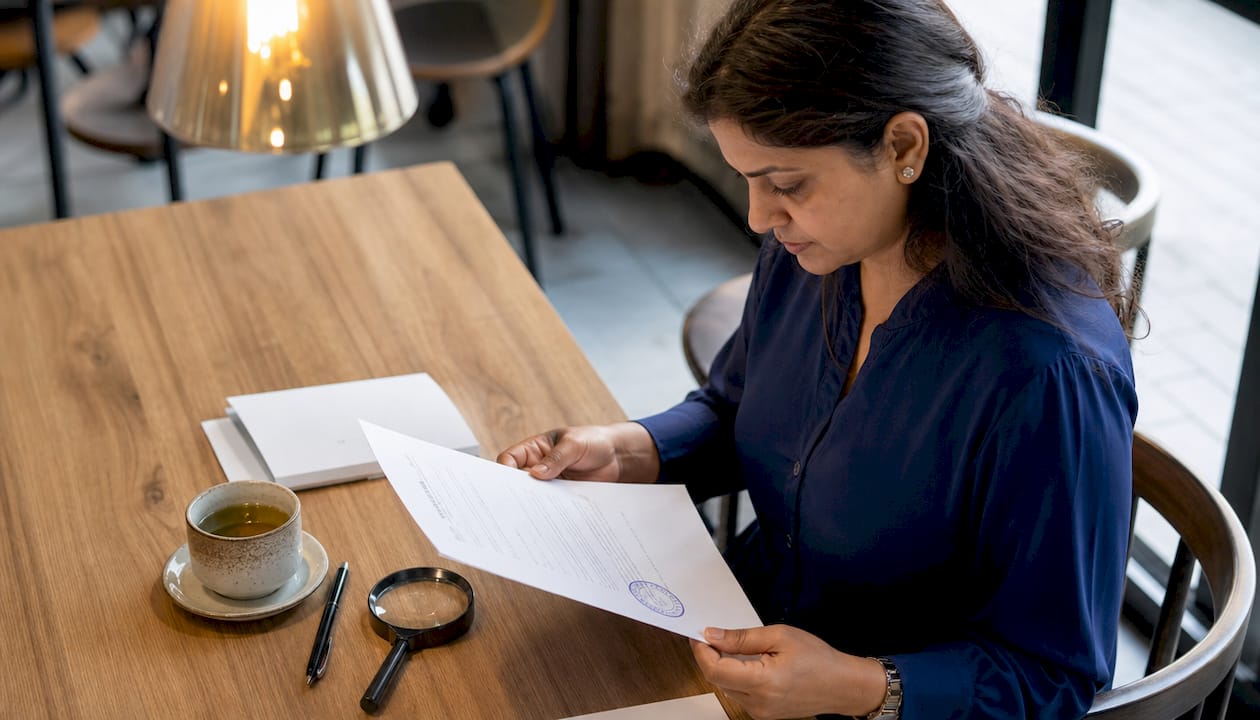 Woman verifying apostille document at desk