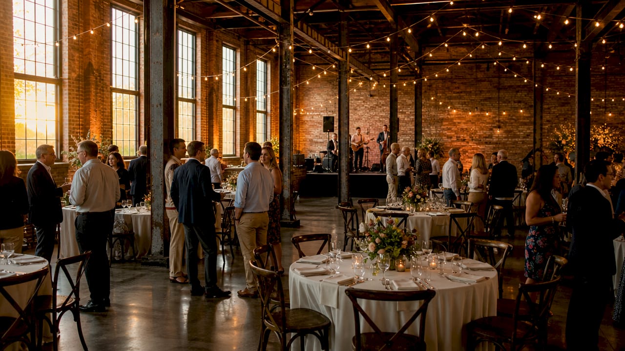 Industrial warehouse wedding reception scene