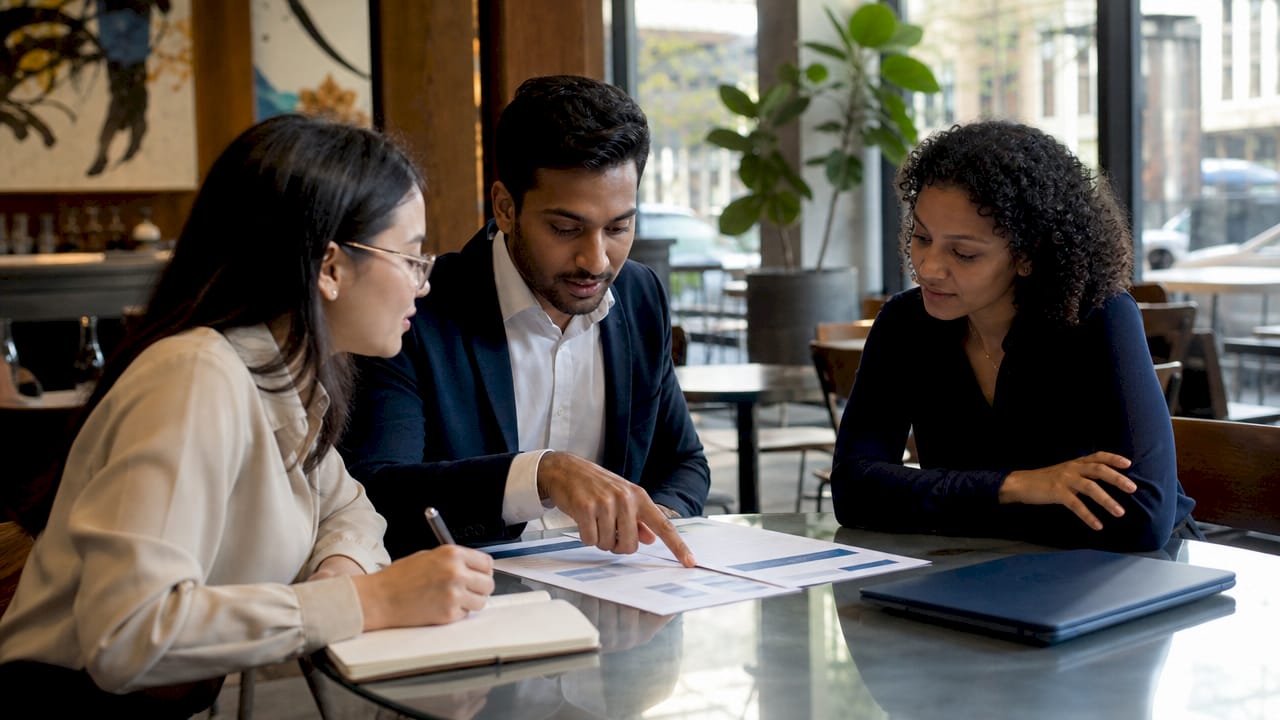 Diverse team discussing attestation reports at table