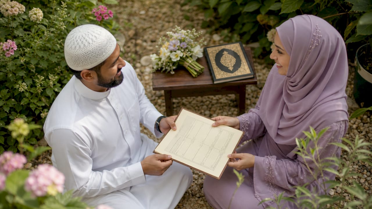 Muslim couple signing marriage contract indoors