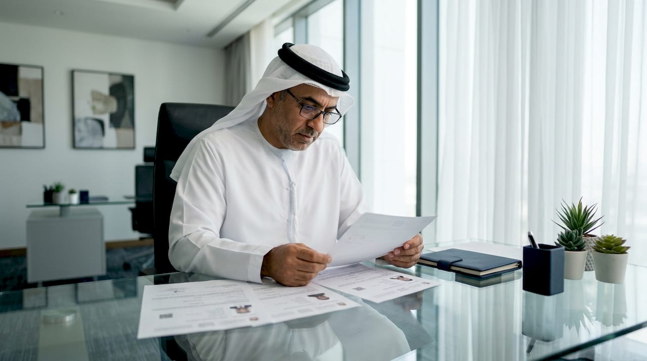 Man reviewing UAE immigration documents at home desk