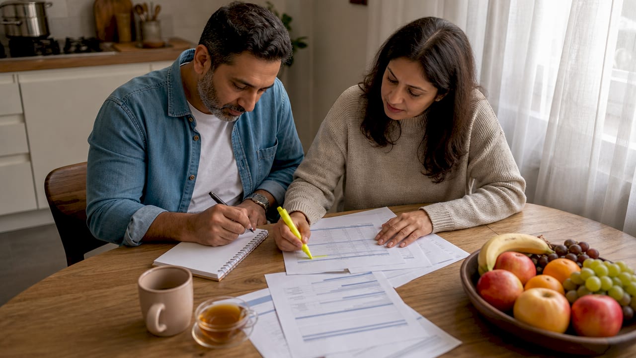 Couple reviewing financial documents at home