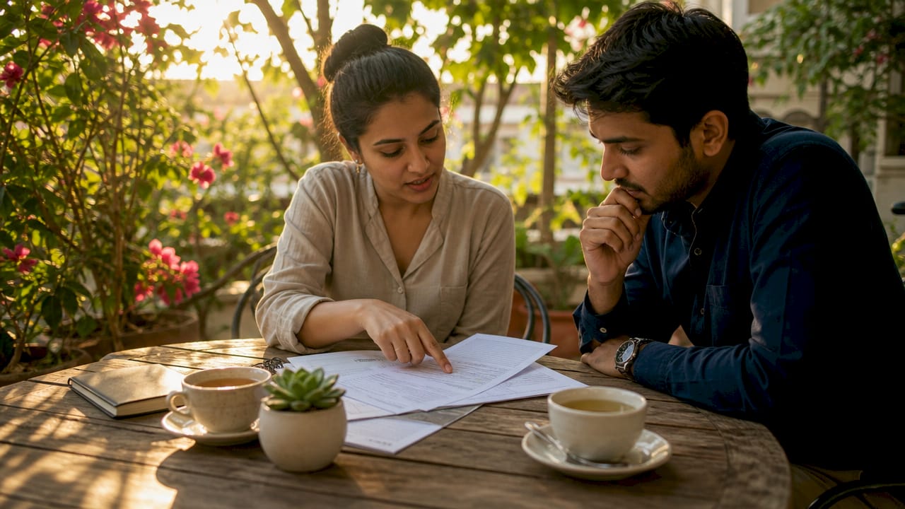 Couple discussing marriage plans at kitchen table