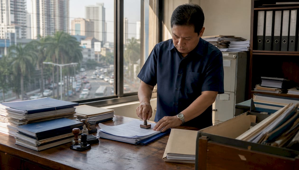 Notary public stamping documents in Philippines office