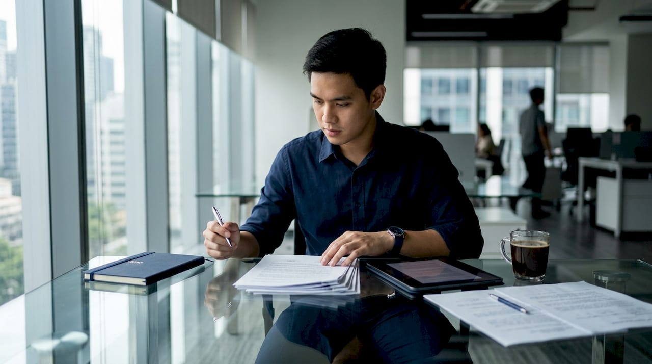 Filipino man reviewing residency attestation documents