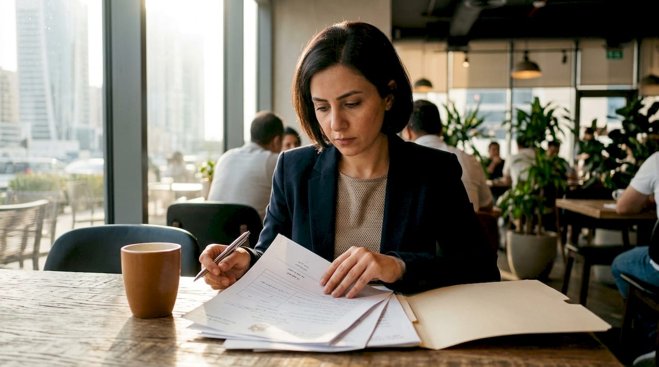 Woman reviewing civil marriage documents at office desk