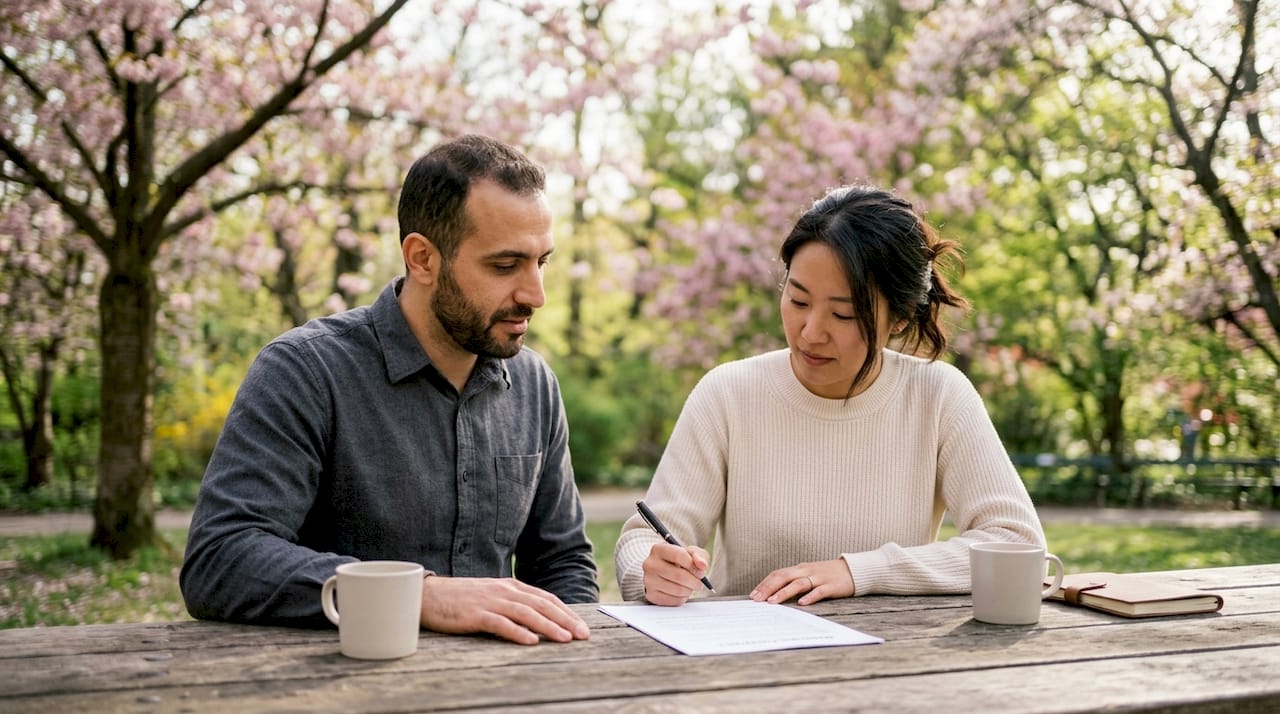 Expat couple signing civil marriage contract