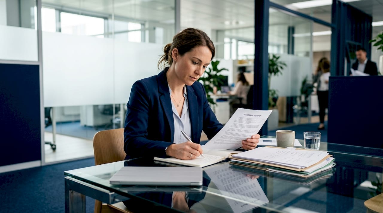Professional woman reviewing attestation documents at desk