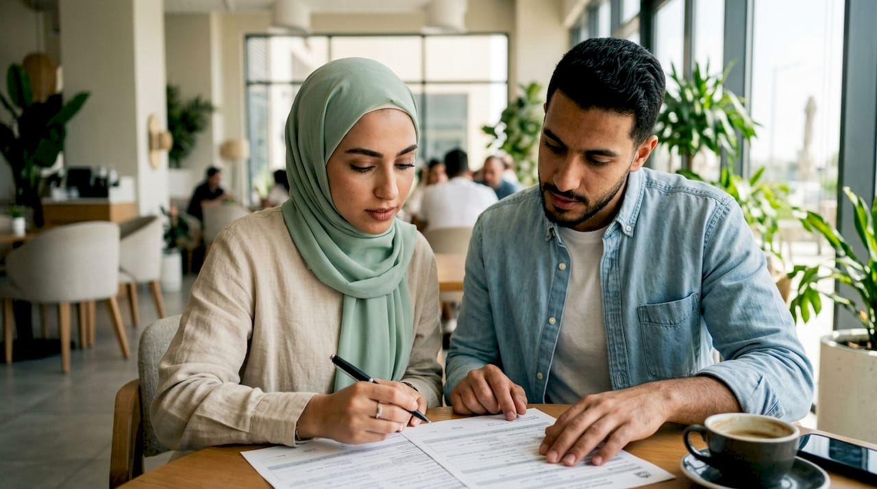 Couple reviewing marriage application documents