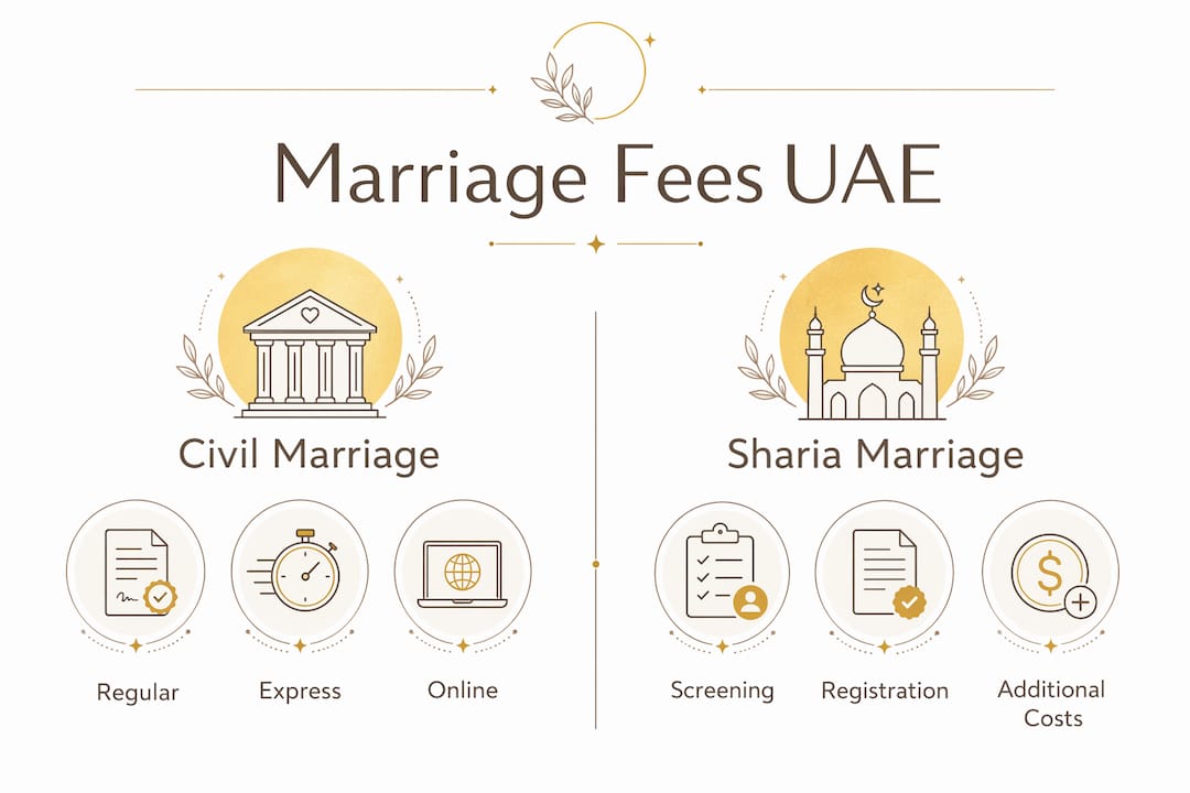 Infographic comparing UAE civil versus Sharia marriage fees