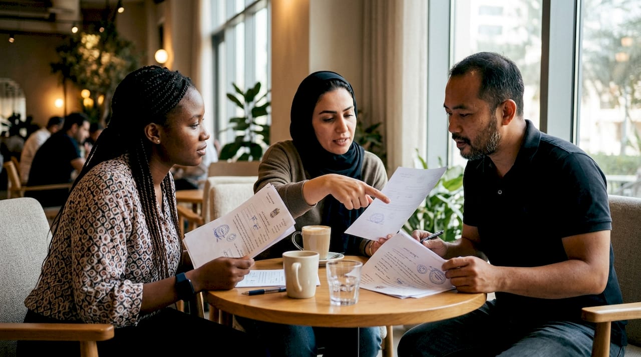 Diverse expats reviewing attested documents together
