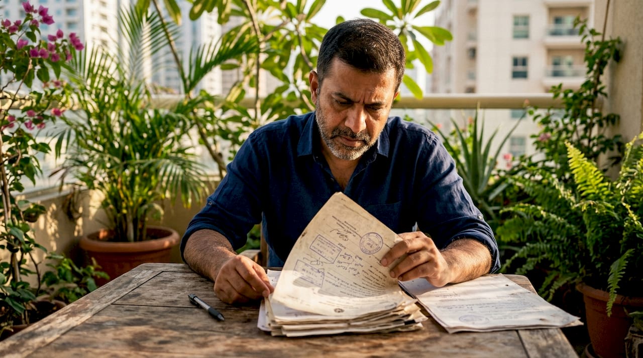 Expat reviewing attested documents at home desk