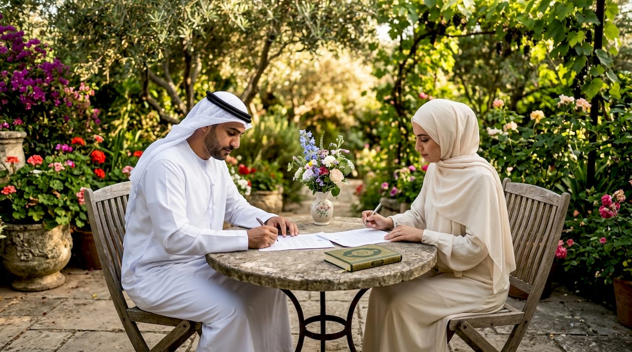 Couple reviewing Islamic marriage contract
