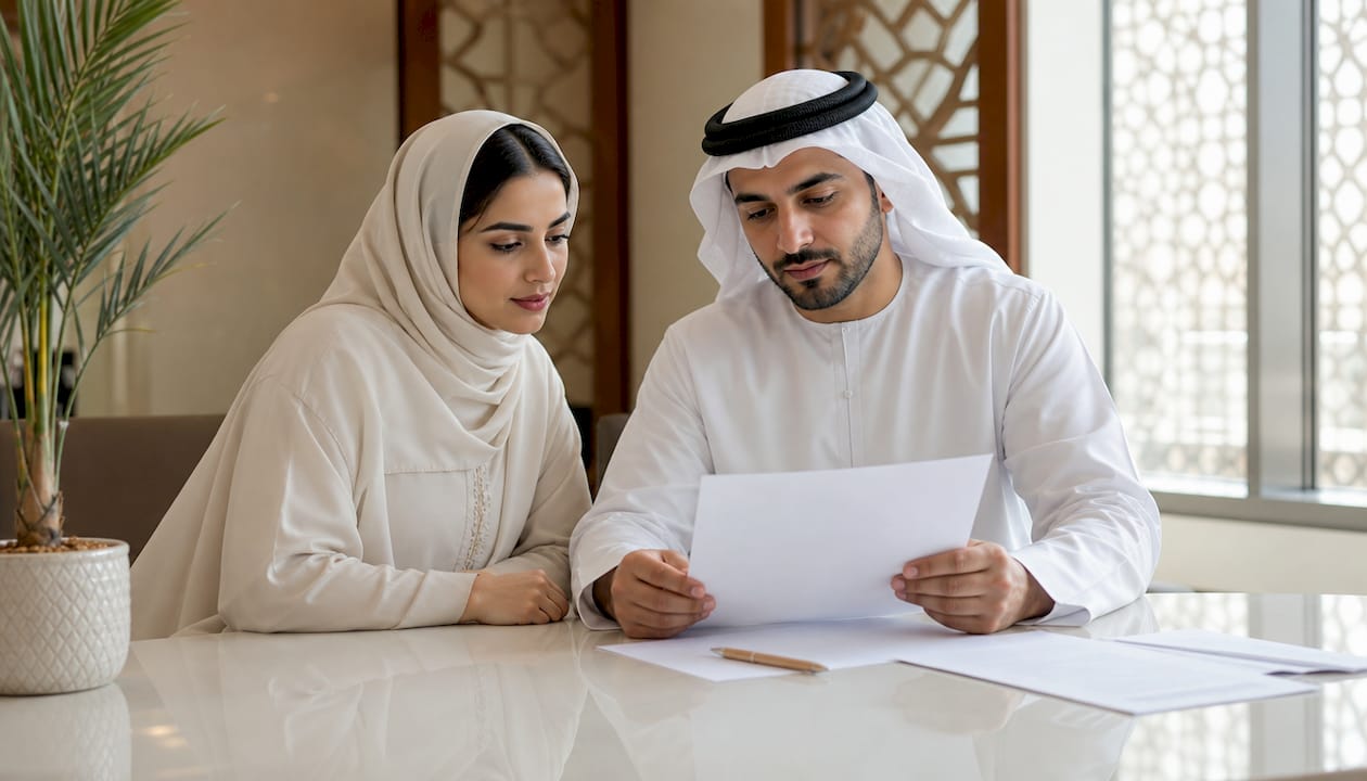 Couple reviewing UAE marriage court documents