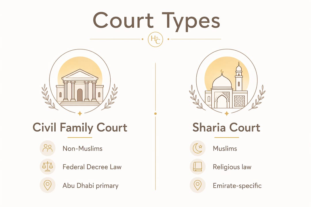 Infographic comparing civil and Sharia marriage courts UAE
