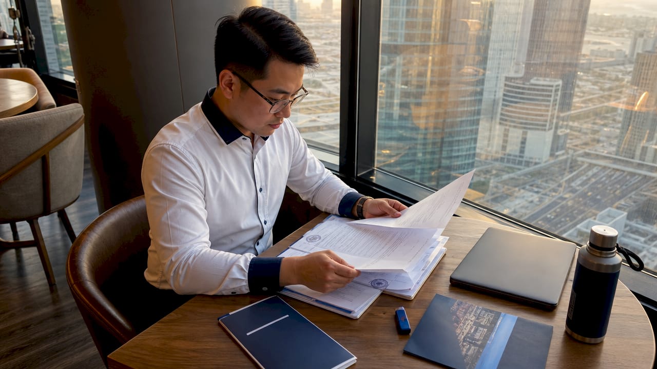 Filipino entrepreneur reviewing UAE Free Zone documents