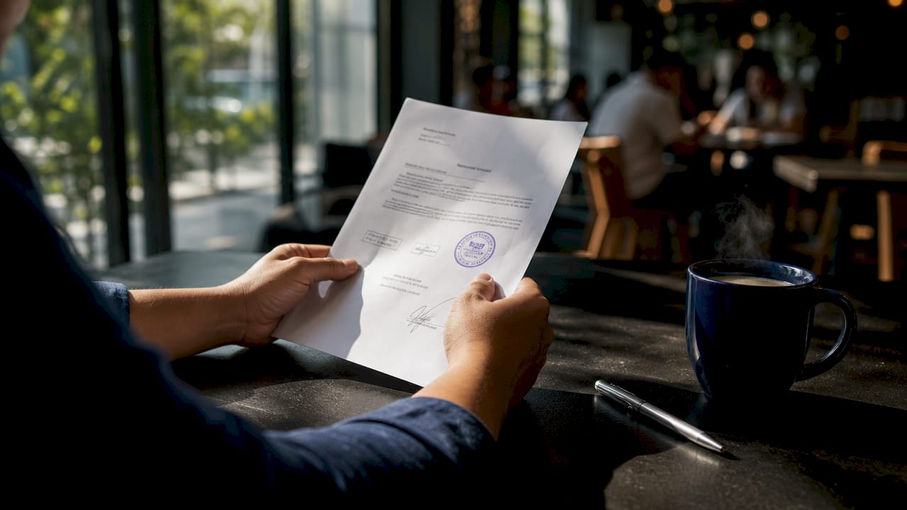 Hands holding signed No Objection Certificate document