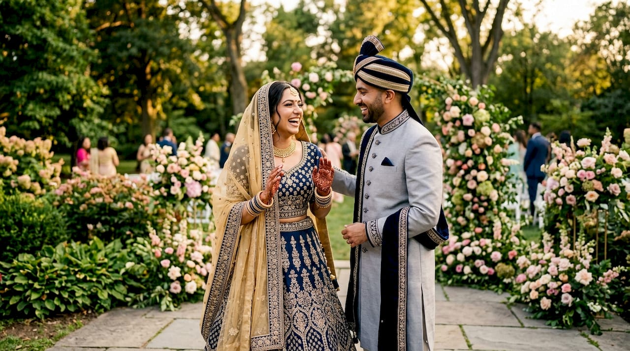 Muslim bride and groom in traditional wedding clothes