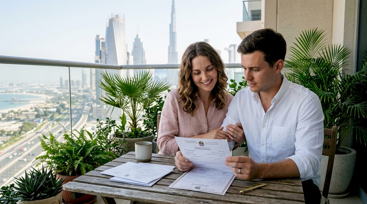 Expatriate couple reviewing civil marriage certificate