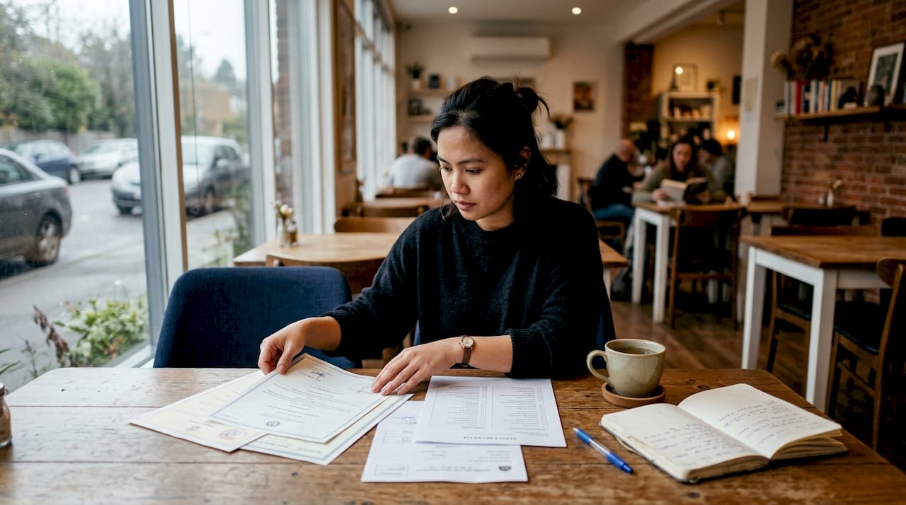 Hands preparing unlaminated documents for attestation on desk
