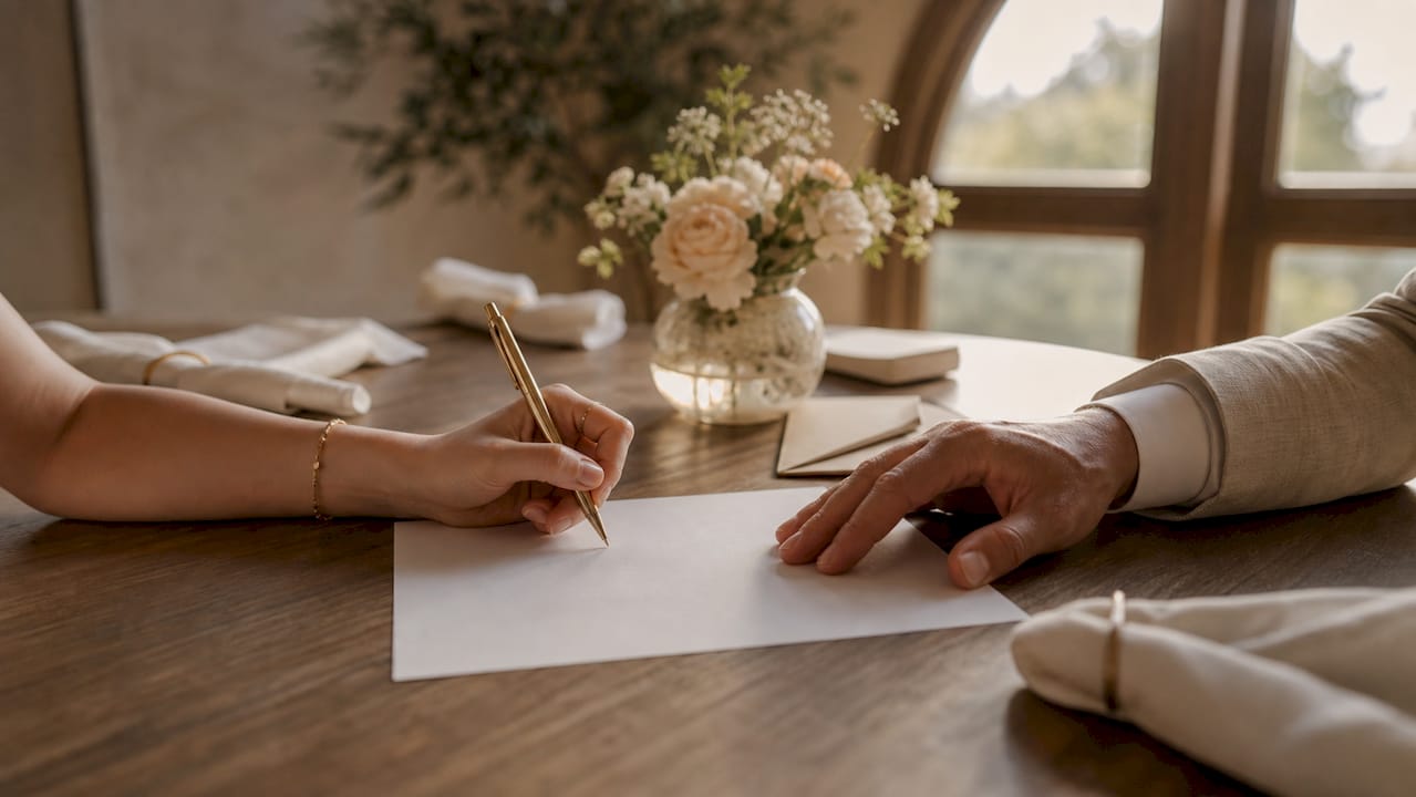 Hands signing Islamic marriage contract document