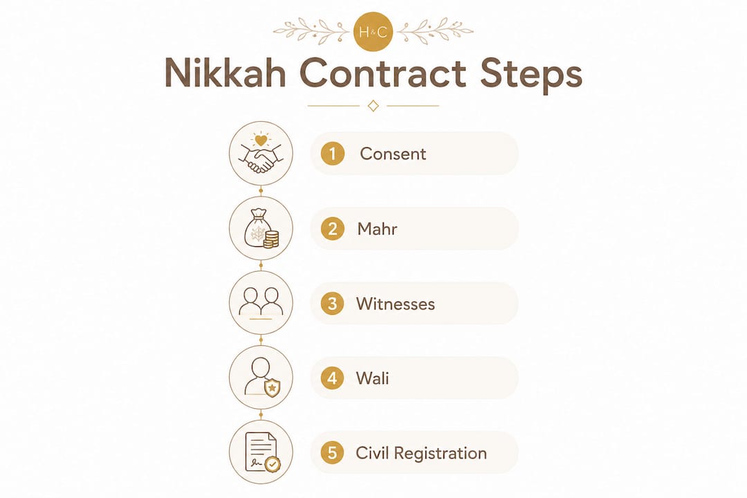 Infographic showing 5 steps of Islamic marriage contract process