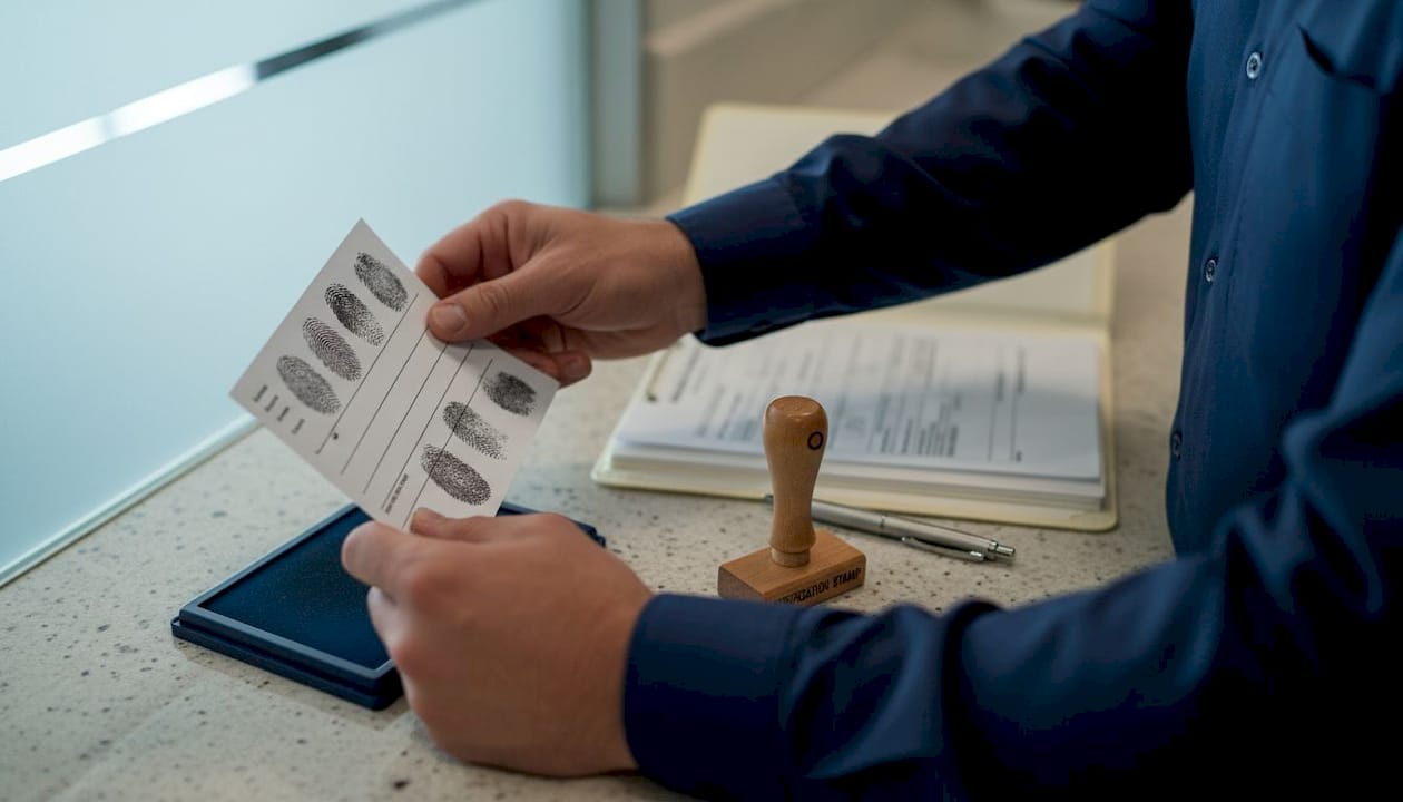 Hands holding fingerprint card with PCG stamp on table