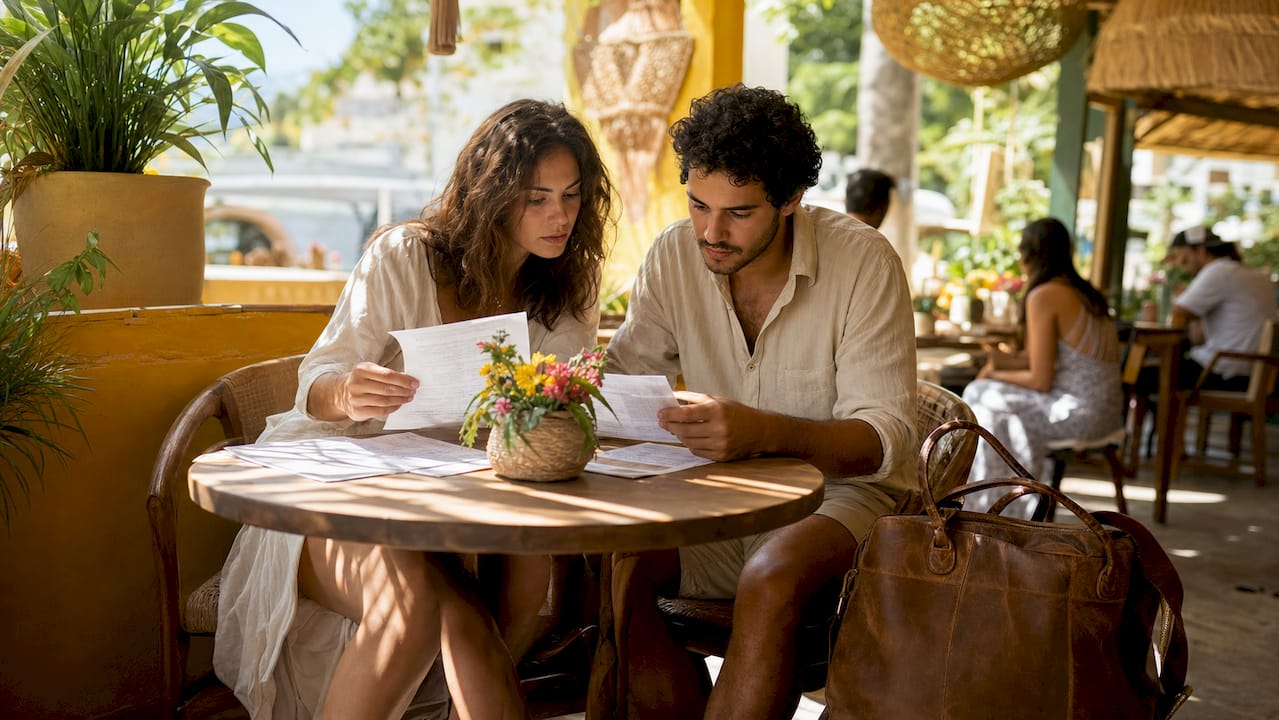 Couple reviewing marriage documents in library