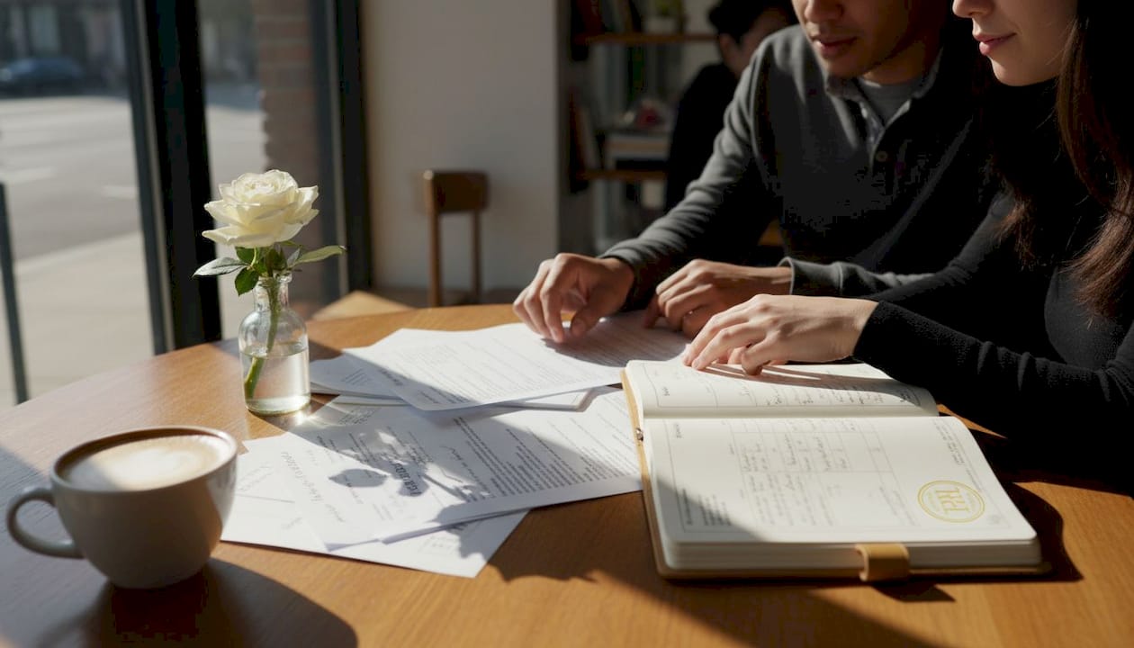 Hands organizing marriage documents on desk