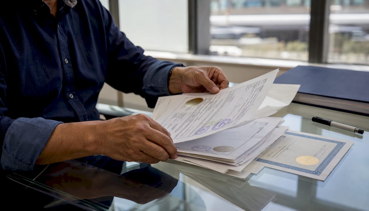 Hands sorting consular legalization documents