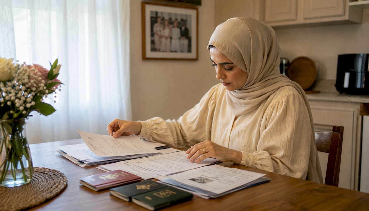 Woman organizing Nikah registration documents at home