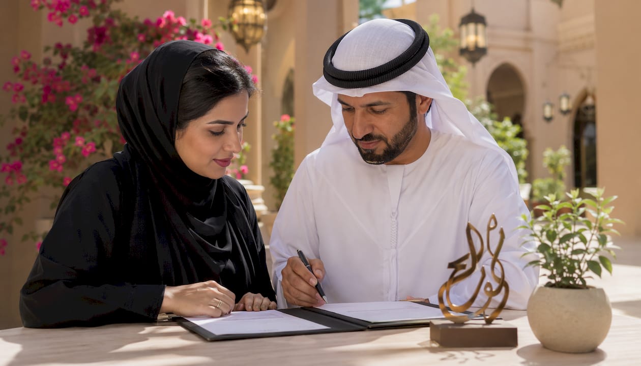 Emirati couple registering Islamic marriage at court
