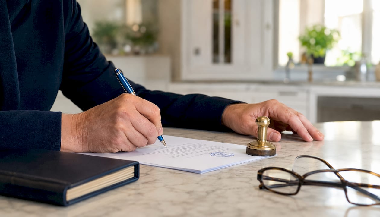 Hands notarizing a legal document