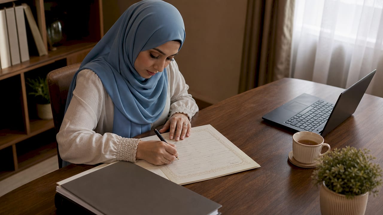 Legal expert annotating Islamic marriage contract papers