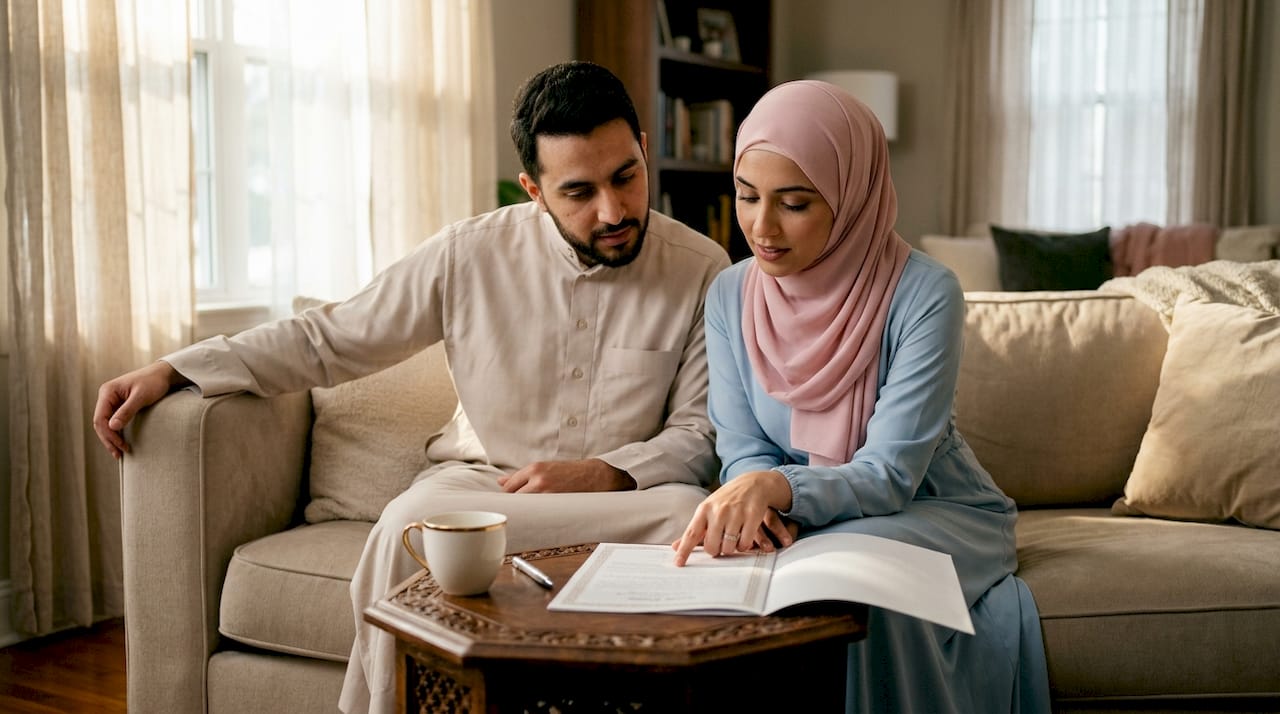Couple reviewing Islamic marriage contract at home